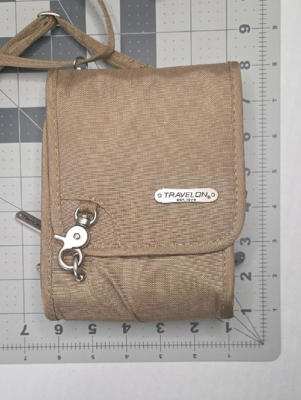 Travelon Small Crossbody Security Pouch in Beige With Belt Clip
